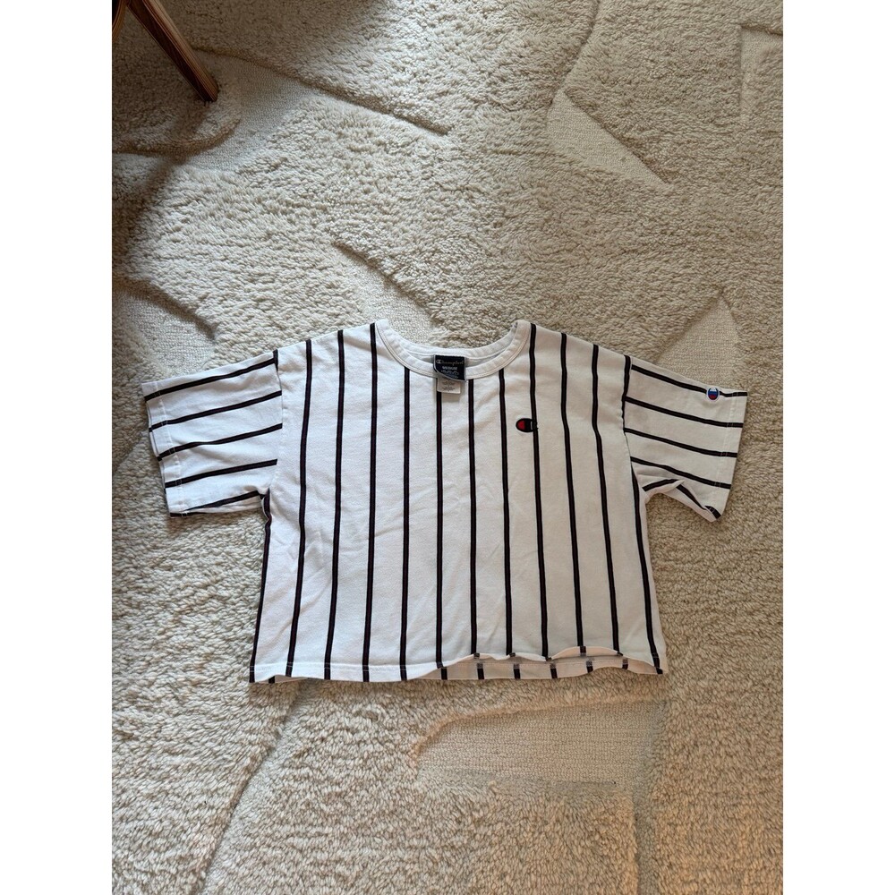 Champion White Pinstripe Cropped T-Shirt Medium